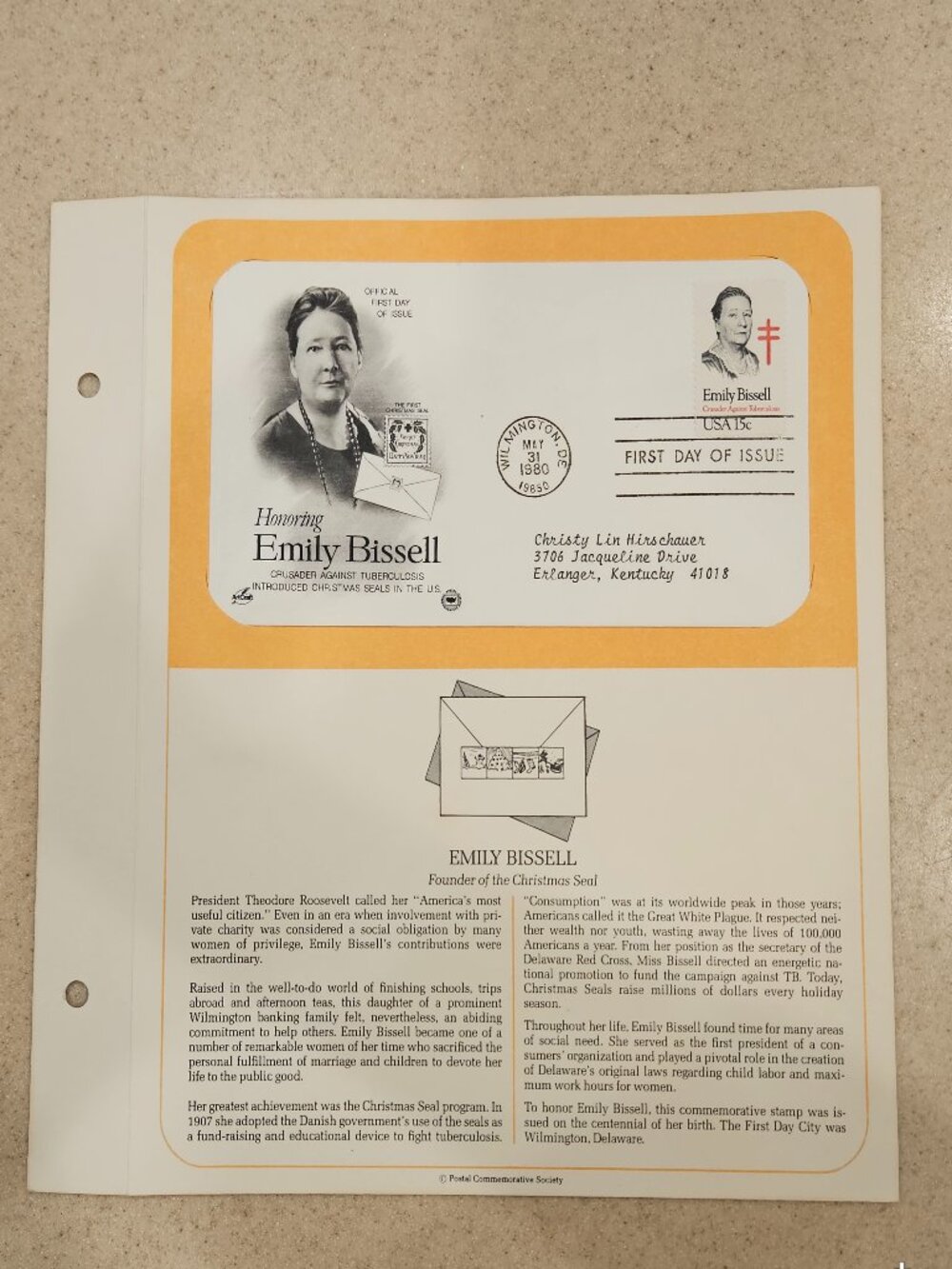 RARE COLLECTIBLE USPS 1ST DAY ISSUE COVER EMILY BISSELL CHRISTMAS SEAL STAMP FDC
